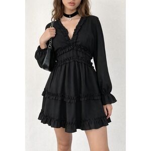 UNBRANDED W Small Black RUFFLED OPEN BACK mini‎ dress Y2K whimsigoth fairy goth